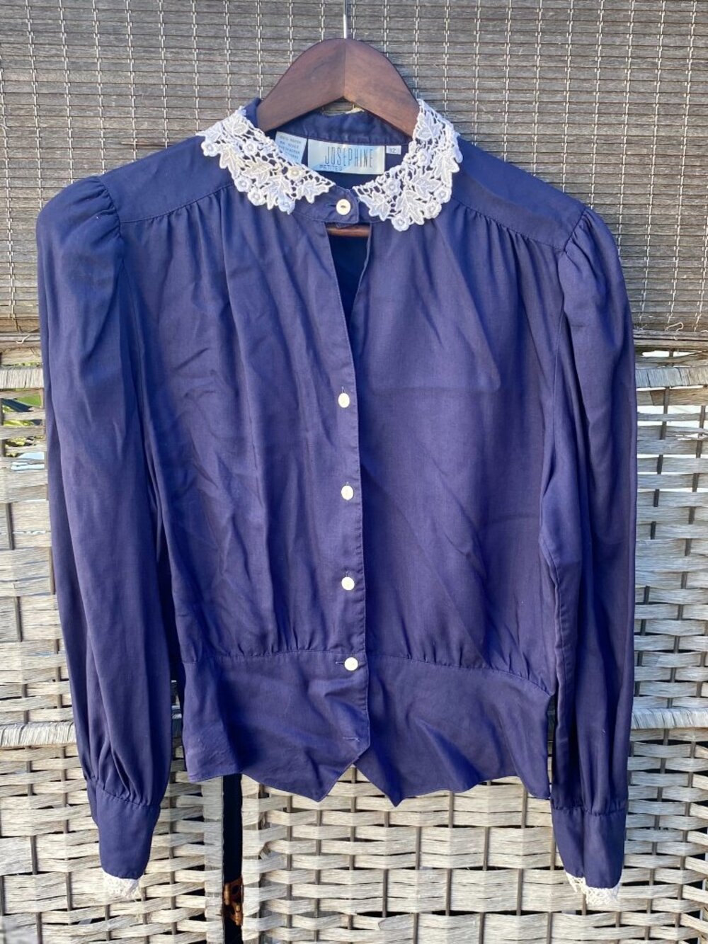 1980s Josephine Petites Navy Blue Pleated Button Down Shirt Lace Collar Vintage